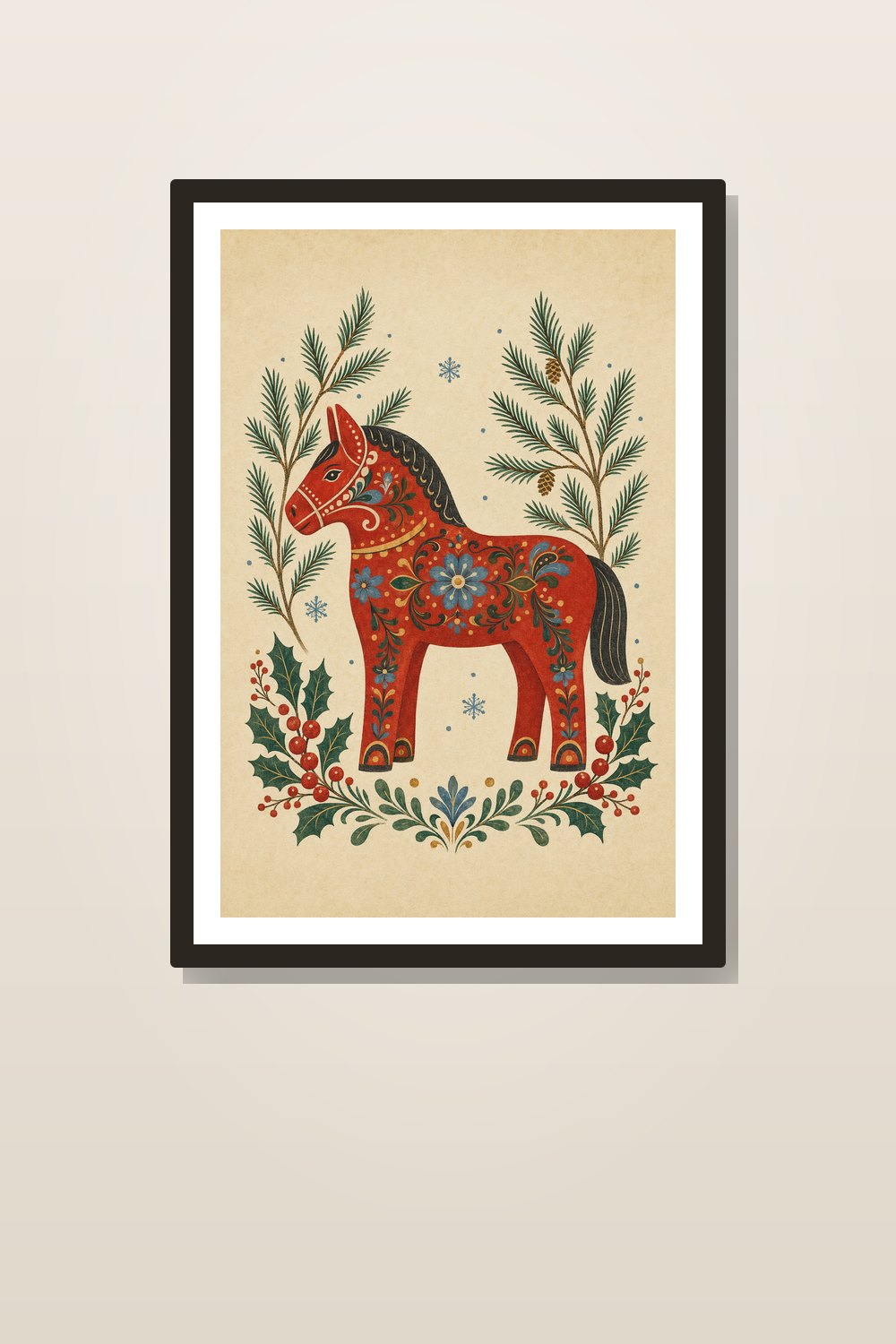 Scandinavian Christmas Wall Art Printable Set, Nordic Folk Art Prints, Red Dala Horse & Winter Birds