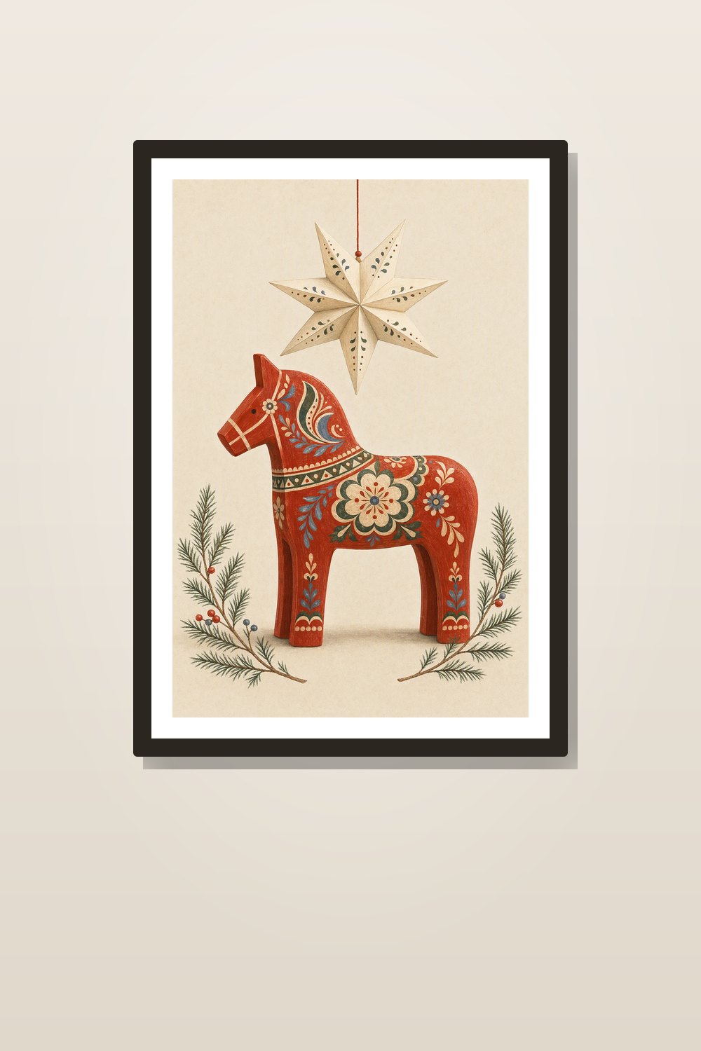 Scandinavian Christmas Wall Art Printable Set, Nordic Folk Dala Horse Gallery Wall