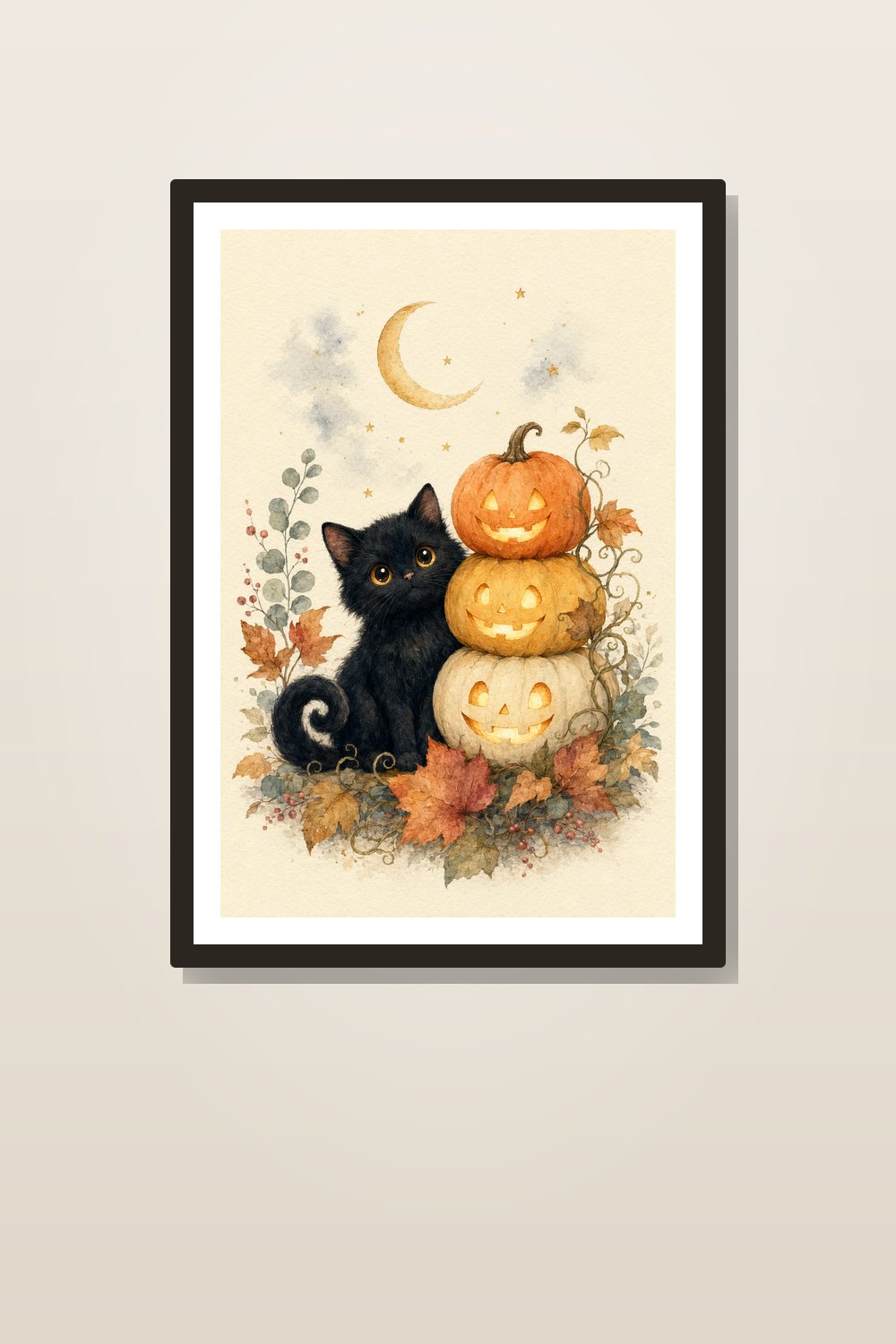 Watercolor Black Cat Halloween Wall Art Printable Set, Spooky Cute Pumpkin & Moon Gallery Wall, 6 Kids Prints