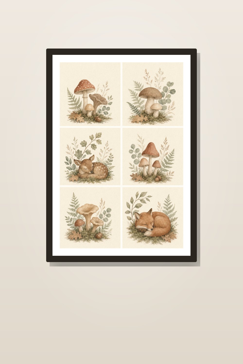 Neutral Mushroom Nursery Wall Art Printable Set, Boho Woodland Decor