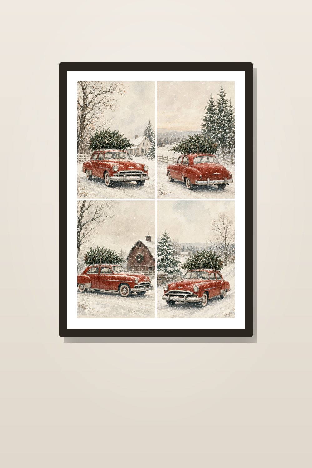 Vintage Red Car Christmas Printable Wall Art Set, Red Car With Tree Wall Art Printable, Farmhouse Christmas Gallery Wall Decor Bundle