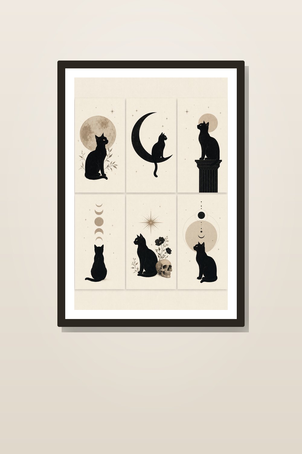Minimalist Halloween Wall Art Printable Set, Black Cat & Crescent Moon Gallery Wall Bundle, Modern Gothic Halloween Decor Digital Download