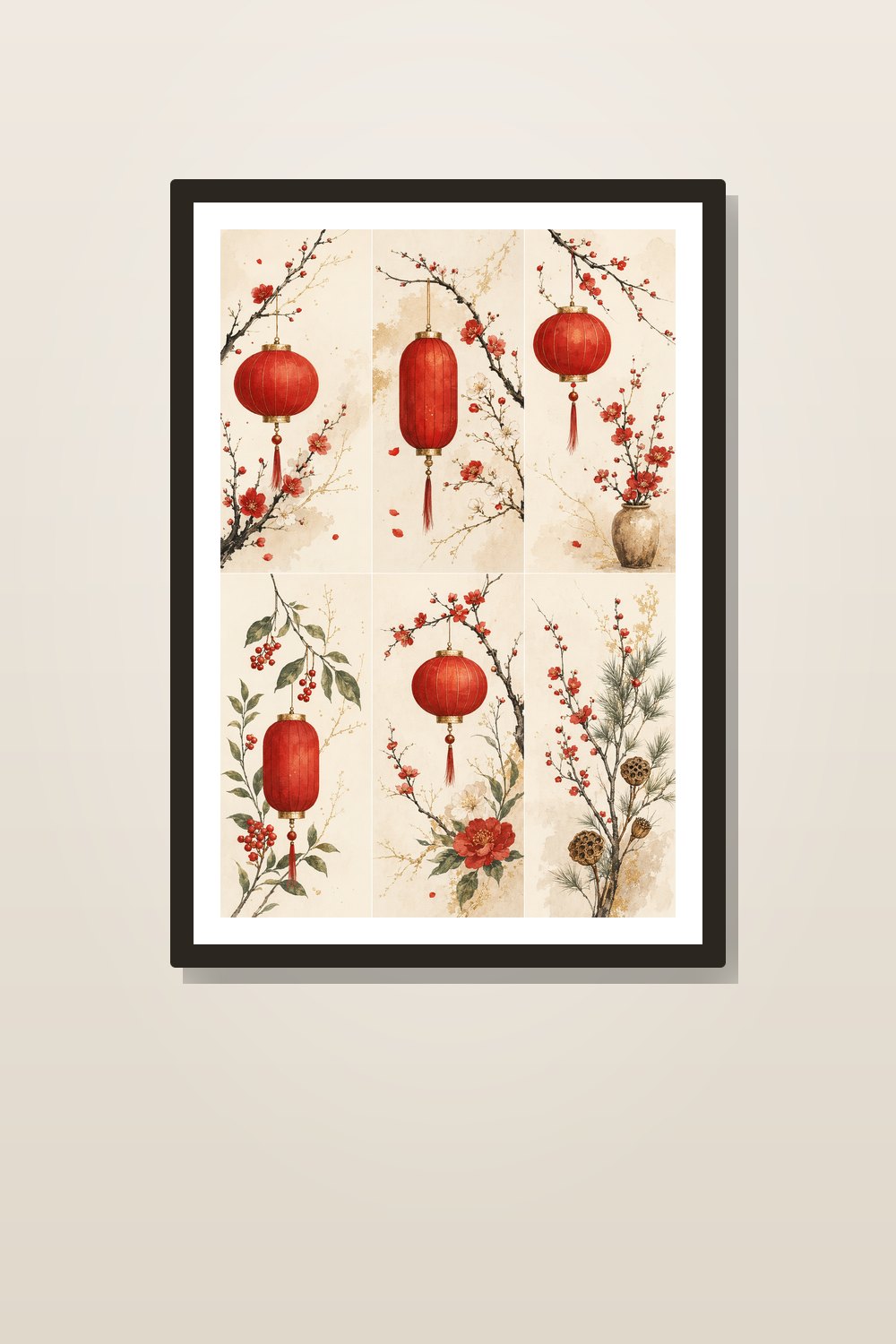 Lunar New Year Wall Art Printable Set, Chinese New Year Red Botanical Lantern Decor, Elegant Red and Gold Festive Wall Art Bundle