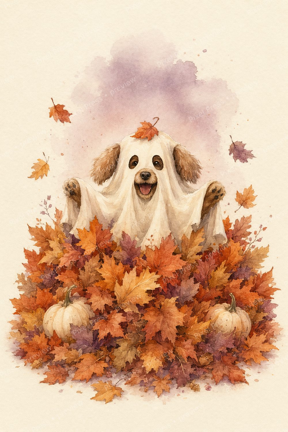 Watercolor Ghost Dog Wall Art Printable Set, Spooky Cute Halloween Dog Decor Bundle — artwork preview (watermarked)