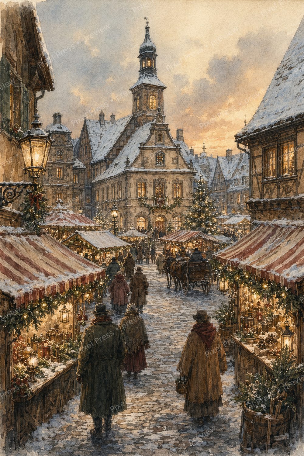 Vintage Christmas Market Wall Art Printable Set, Watercolor European Holiday Gallery Wall Bundle — artwork preview (watermarked)