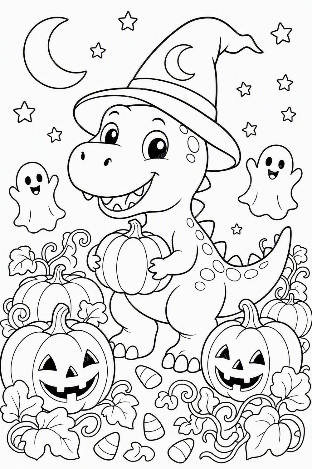 Halloween Dinosaur Coloring Pages Printable Set, Spooky Cute Dino Coloring Book PDF — artwork preview (watermarked)