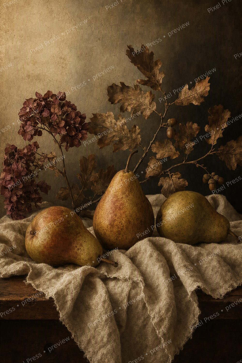 Vintage Fall Wall Art Printable Set, Moody Autumn Still Life Prints, Pear Fig Quince Kitchen Decor Bundle — artwork preview (watermarked)