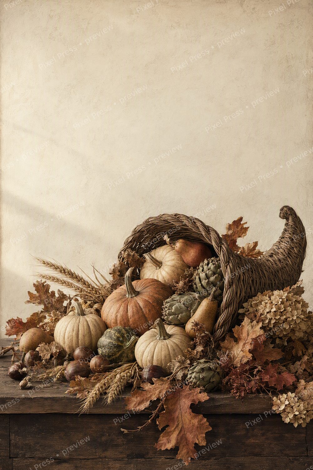 Neutral Thanksgiving Wall Art Printable Set, Vintage Cornucopia & Heirloom Vegetable Prints — artwork preview (watermarked)