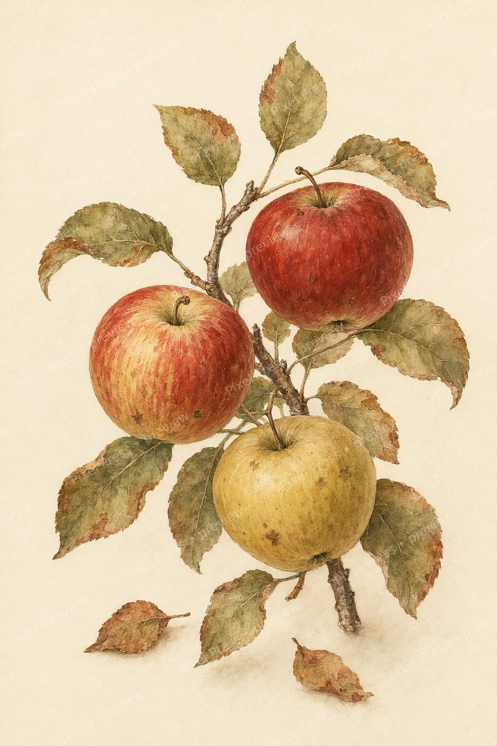Autumn Orchard Wall Art Printable Set, Vintage Apple Harvest Watercolor Kitchen Decor — artwork preview (watermarked)
