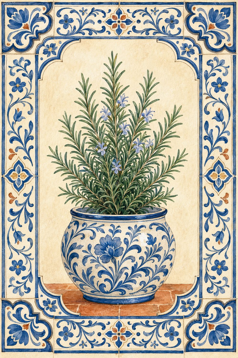 Láminas Cocina Talavera para Imprimir, Set Botánico de Hierbas Azul y Blanco — artwork preview (watermarked)
