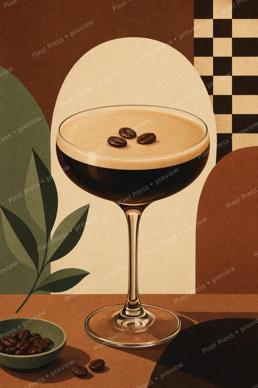 Retro Espresso Martini Wall Art Set Printable, Espresso Martini Kitchen Print Bundle, Mid Century Cocktail Bar Cart Decor — artwork preview (watermarked)