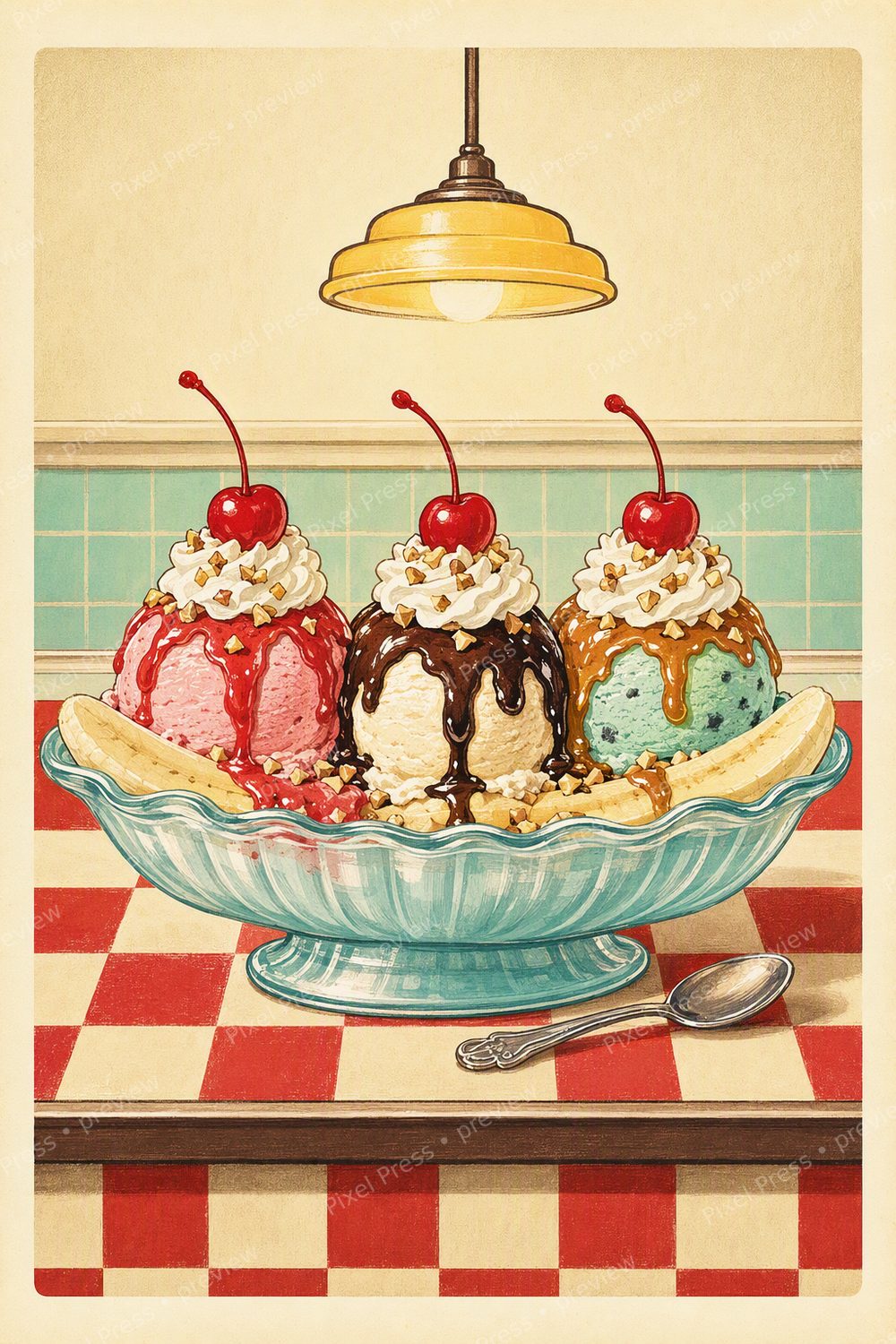 Retro Soda Fountain Wall Art Printable Set, 1950s Dessert Kitchen Prints — artwork preview (watermarked)