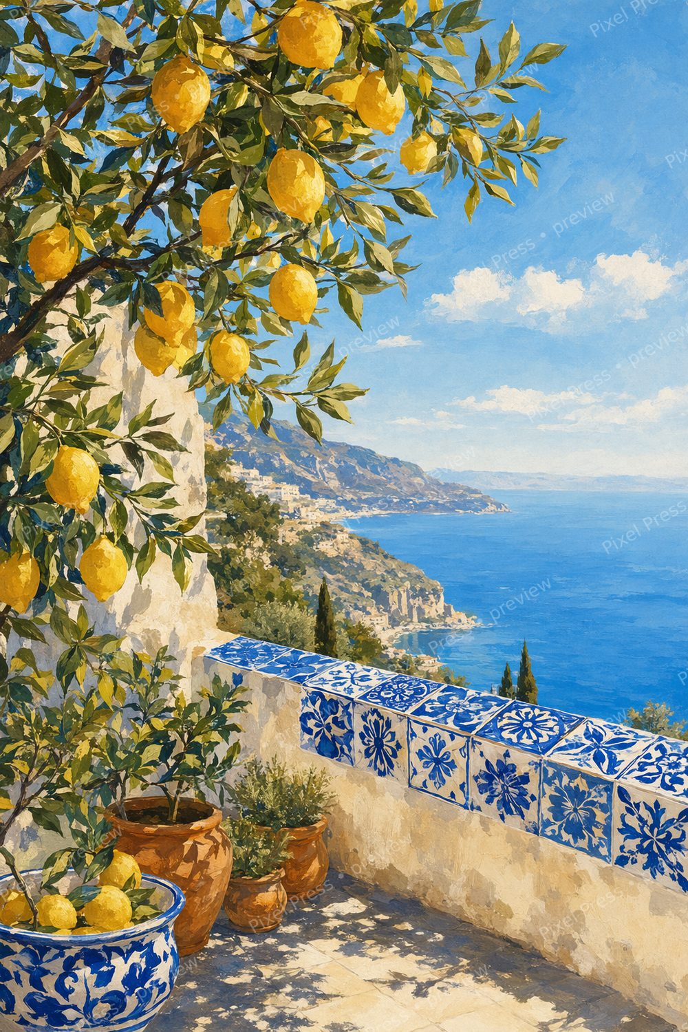 Mediterranean Lemon Wall Art Printable Set of 6, Blue & White Kitchen Decor — artwork preview (watermarked)