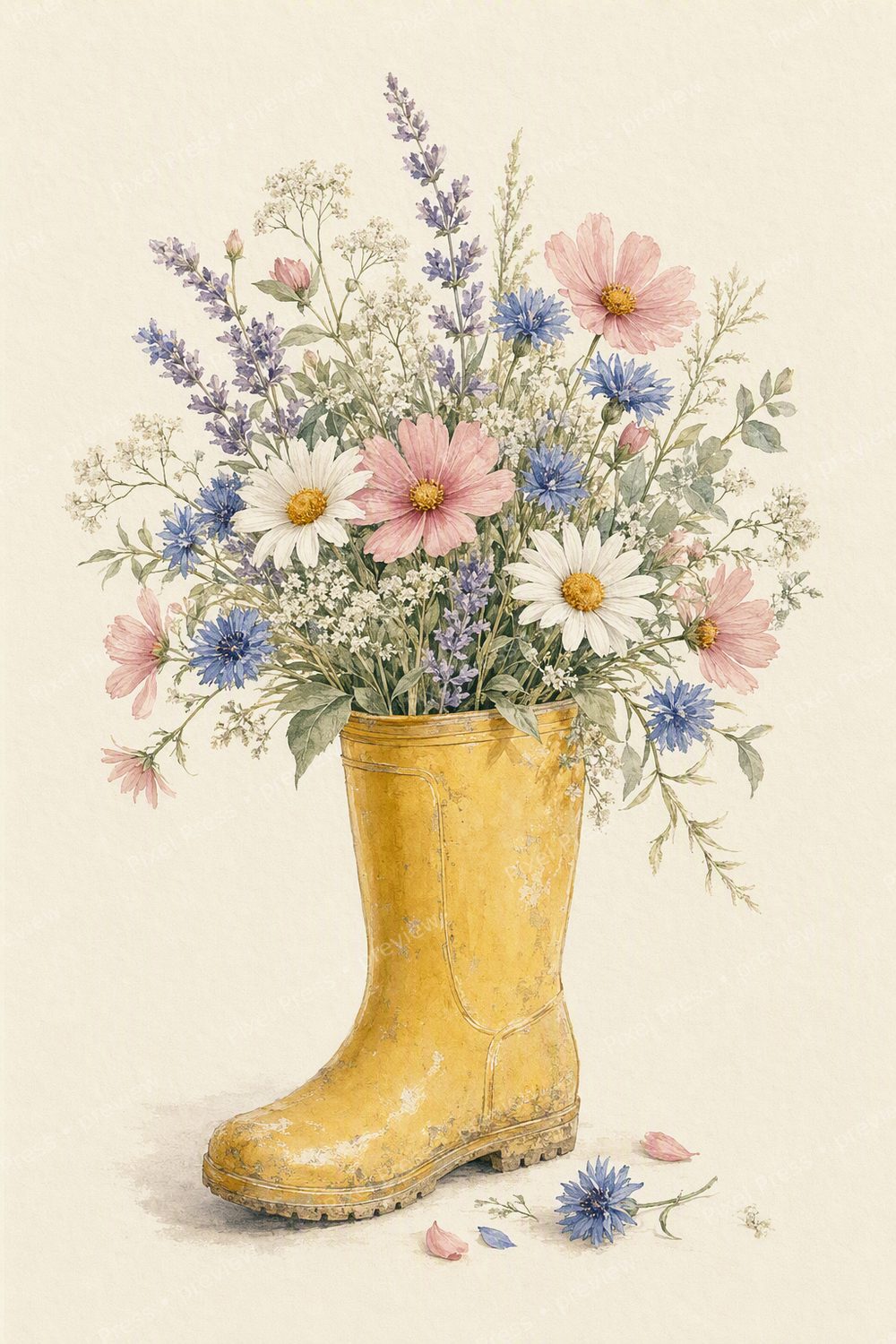 Spring Cottagecore Wall Art Printable Set, Yellow Rain Boot Wildflowers & Watering Can Flowers — artwork preview (watermarked)