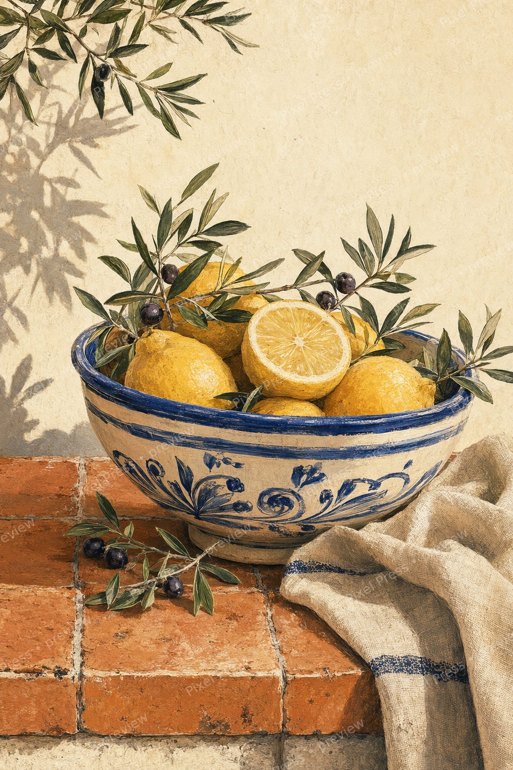 Láminas Decorativas Cocina Mediterránea, Set 6 Cuadros Imprimibles de Limones y Hierbas — artwork preview (watermarked)