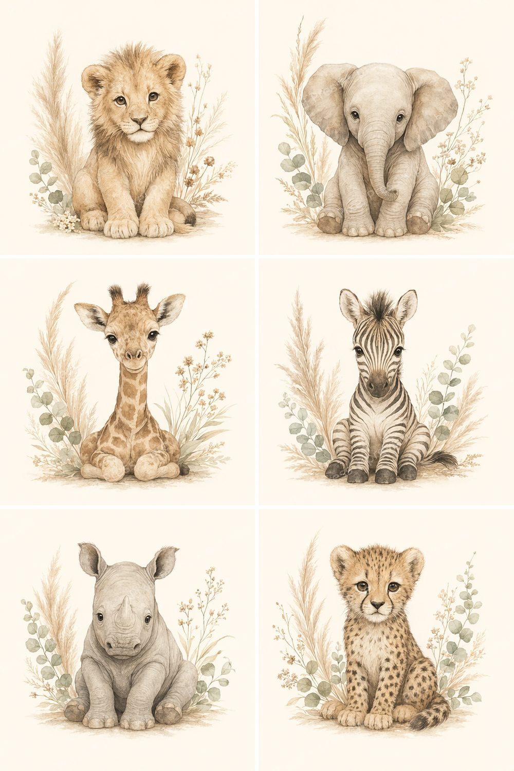 Boho Neutral Nursery Wall Art Set, Neutral Safari Nursery Prints, Baby Animal Printable Wall Decor Bundle — artwork preview (watermarked)
