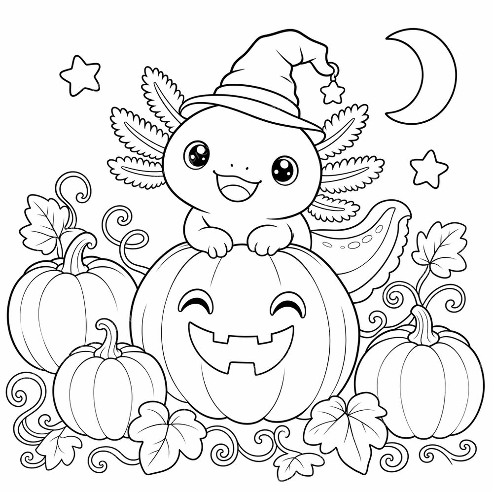 Halloween Axolotl Coloring Pages Printable Set | 8 Spooky Cute Kids PDF Sheets — artwork preview (watermarked)