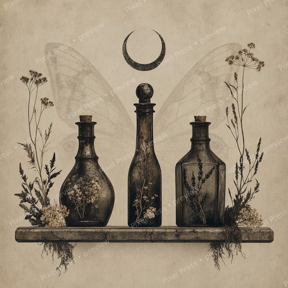 Minimalist Halloween Wall Art Printable Set, Gothic Apothecary Halloween Print Set, Moody Vintage Wall Decor Bundle — artwork preview (watermarked)