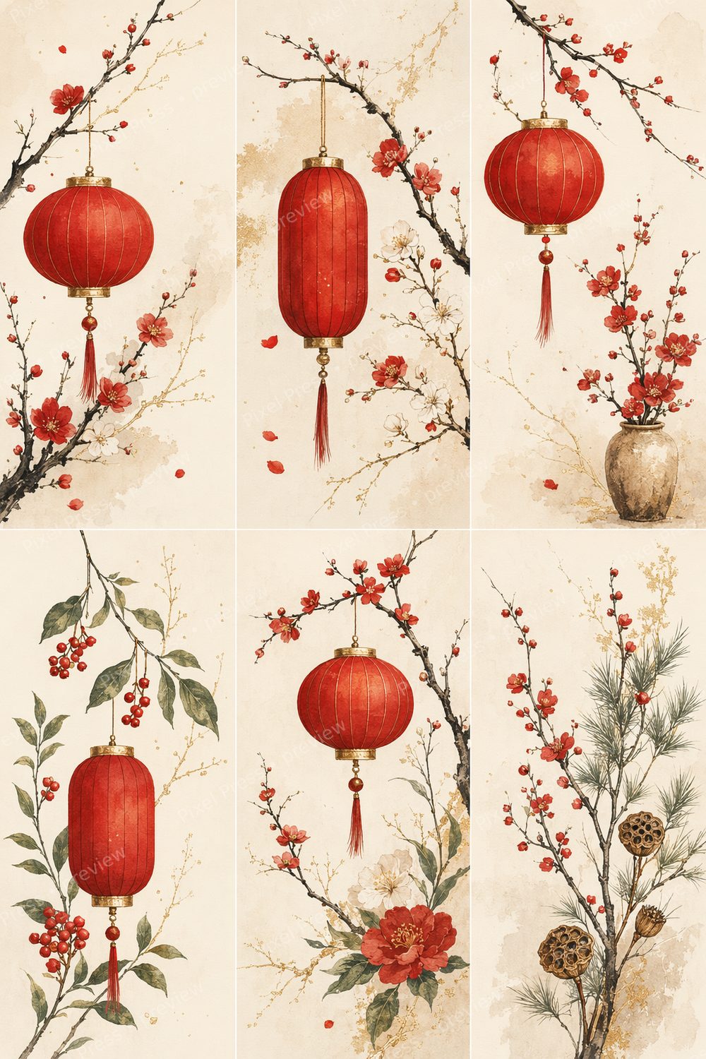 Lunar New Year Wall Art Printable Set, Chinese New Year Red Botanical Lantern Decor, Elegant Red and Gold Festive Wall Art Bundle — artwork preview (watermarked)