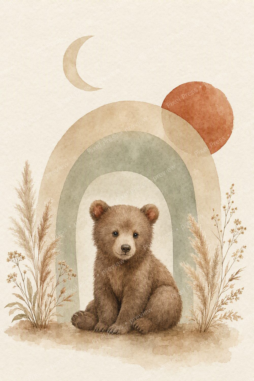 Kinderzimmer Poster Set Boho Neutral – Waldtiere Bär Fuchs Hase Beige Salbei — artwork preview (watermarked)