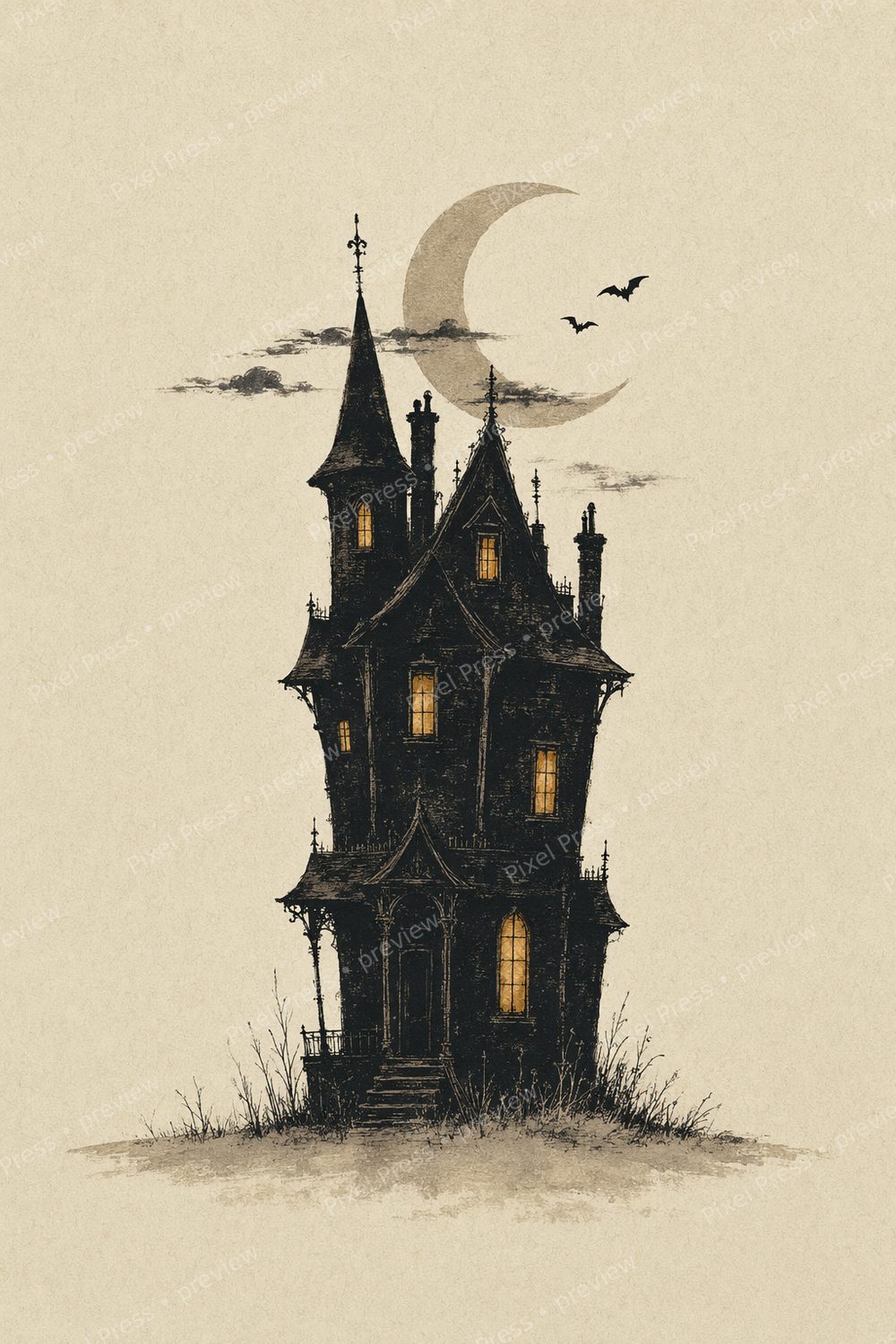 Minimalist Halloween Wall Art Set, Haunted House Printable Gallery Wall, Neutral Black & Cream Decor — artwork preview (watermarked)