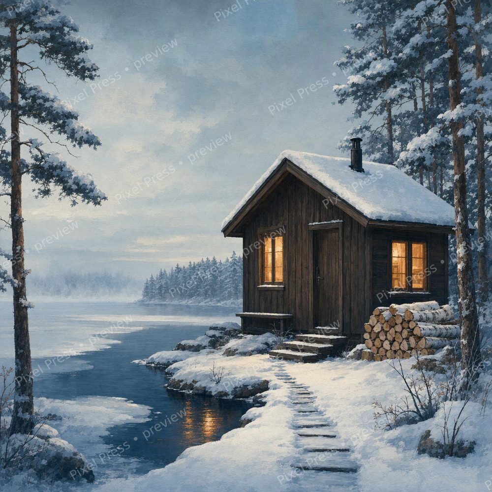 Winter Sauna Wall Art Printable Set, Scandinavian Cabin Decor — artwork preview (watermarked)