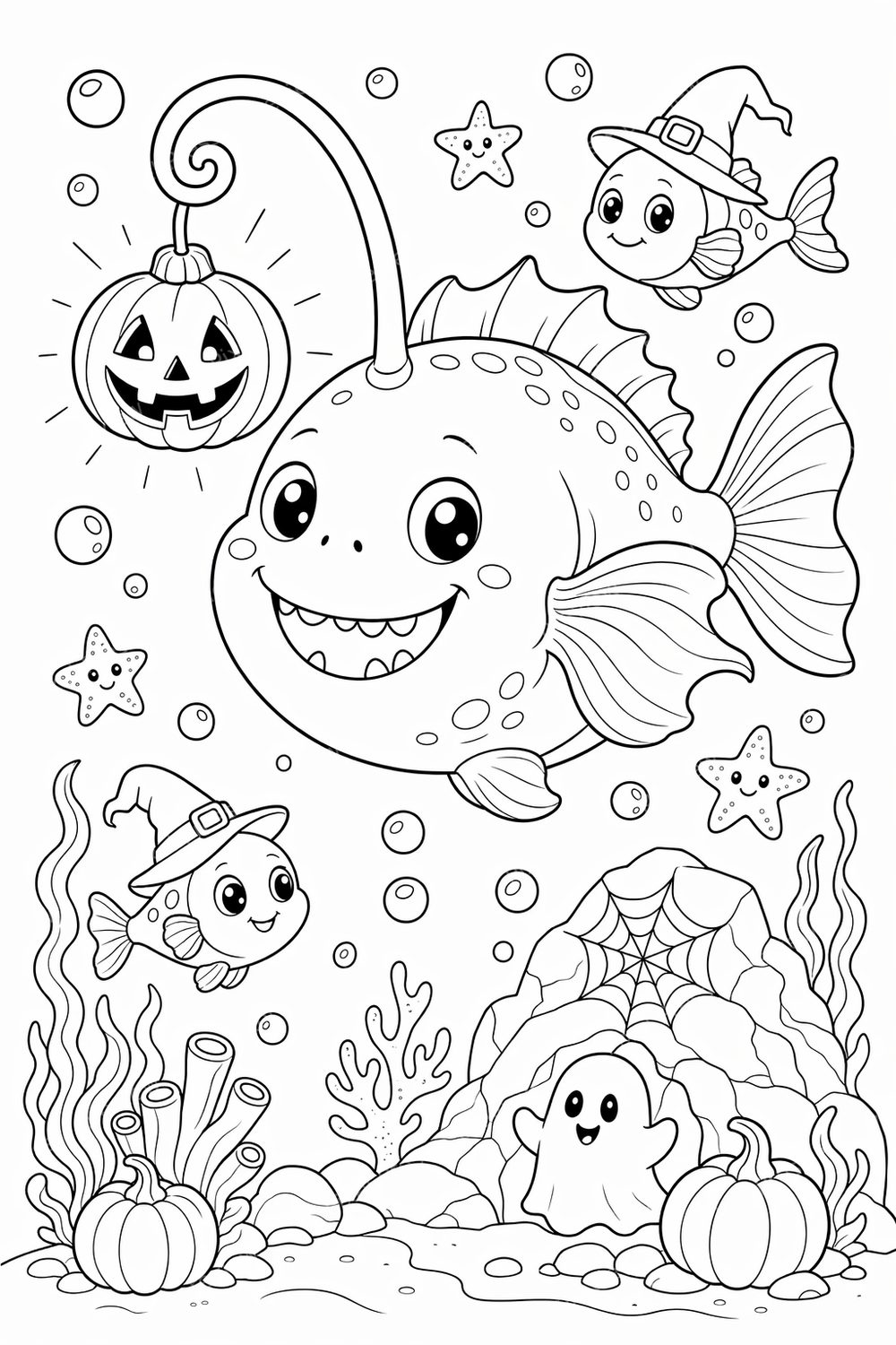 Halloween Ocean Coloring Pages Printable – Deep Sea Creatures Coloring Pack for Kids — artwork preview (watermarked)