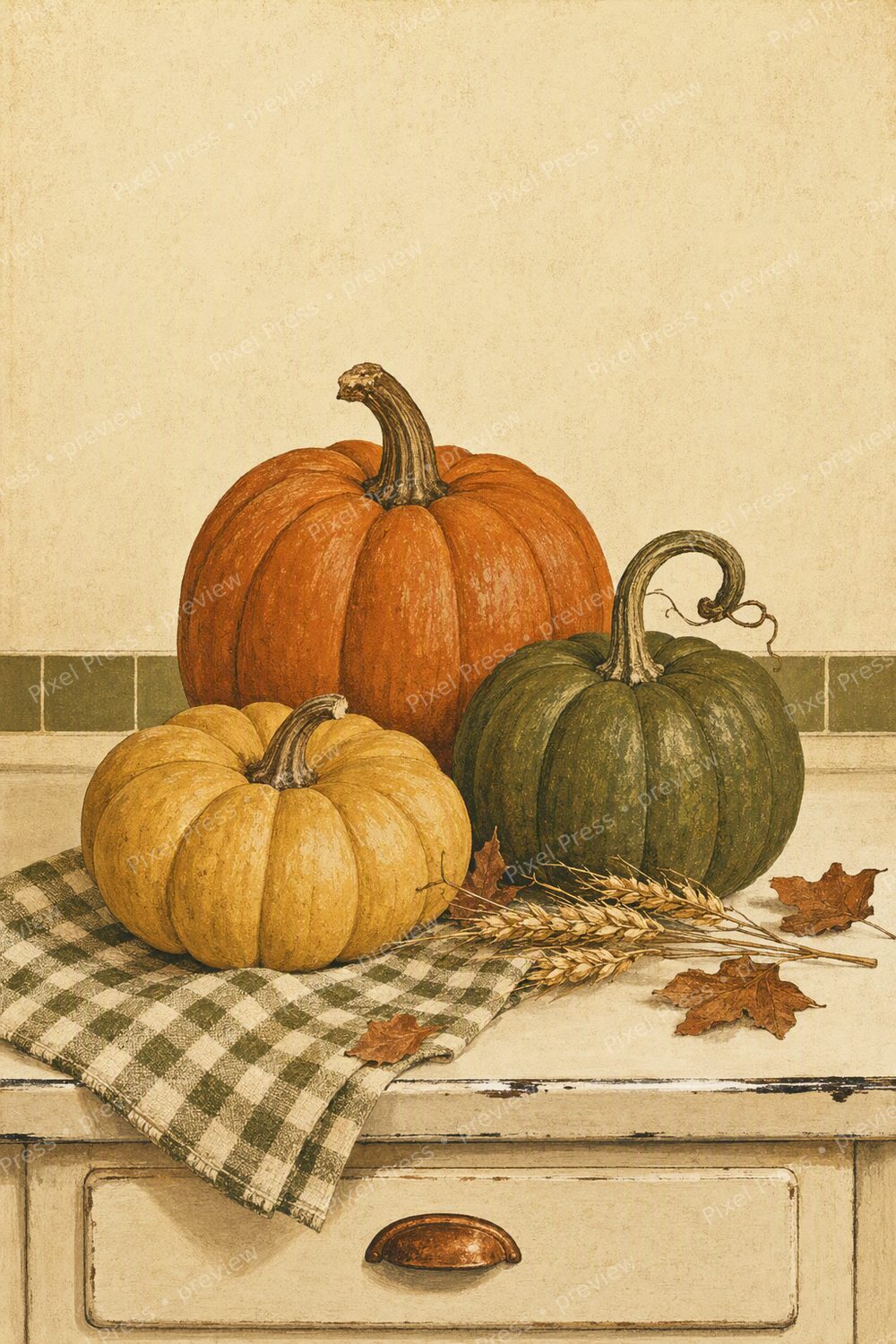 Retro Fall Kitchen Wall Art Printable Set, Vintage Harvest Kitchen Prints — artwork preview (watermarked)
