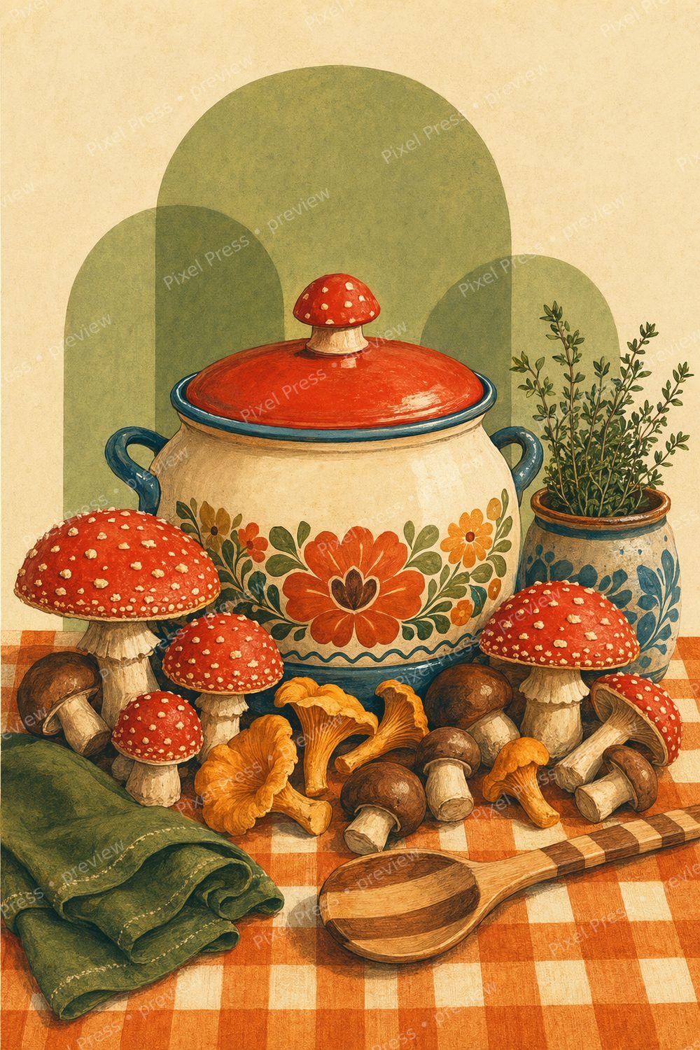Retro Mushroom Kitchen Wall Art Printable Set, 70s Gingham Decor — artwork preview (watermarked)