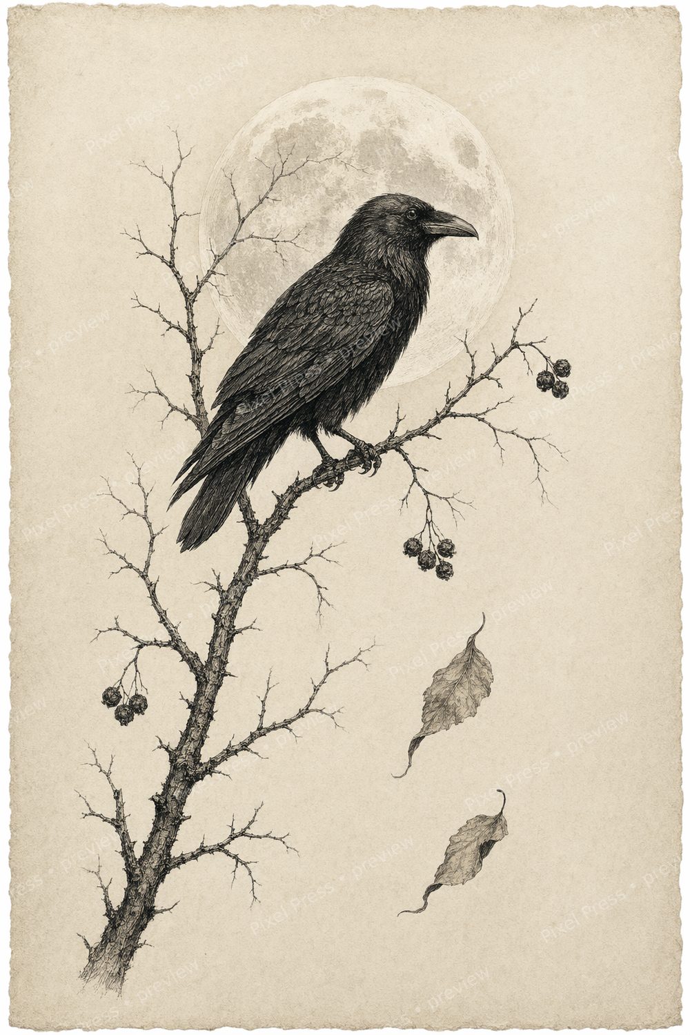Dark Botanical Halloween Wall Art Printable Set, Vintage Raven & Moth Prints — artwork preview (watermarked)