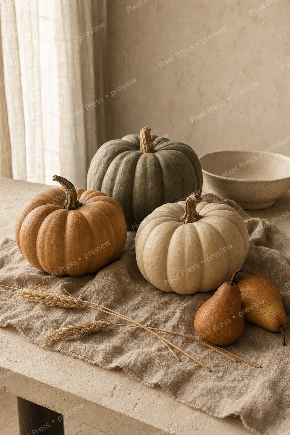 Neutral Thanksgiving Wall Art Printable Set, 6 Harvest Tablescape Prints — artwork preview (watermarked)