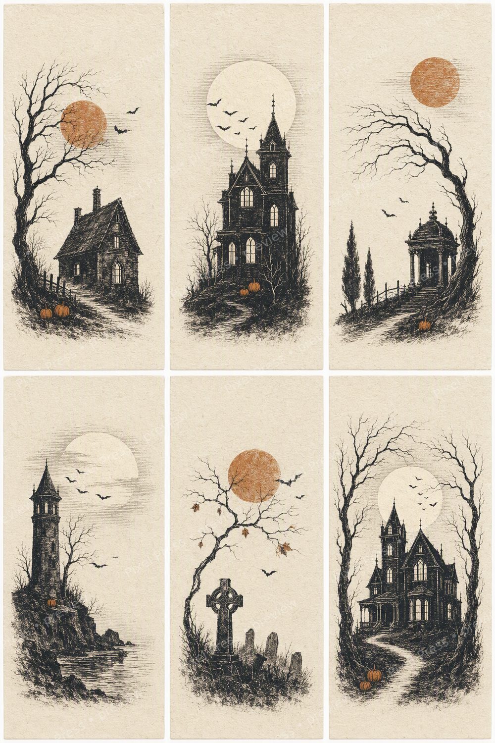 Minimalist Halloween Wall Art Printable Set, Neutral Haunted House Prints — artwork preview (watermarked)