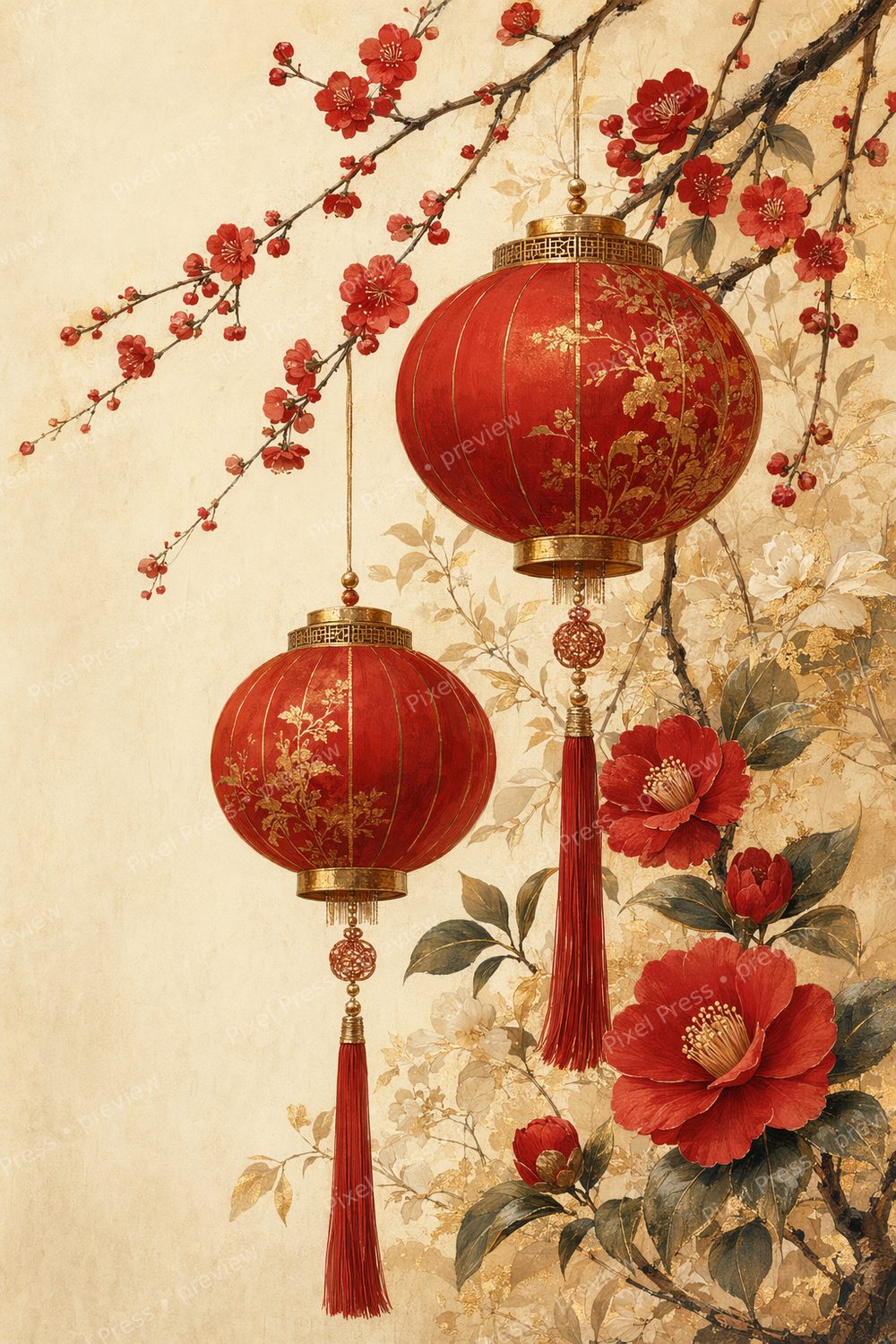 Lunar New Year Lantern Wall Art Printable Set, Red Botanical Chinese New Year Decor, Red and Gold Lunar New Year Wall Art Bundle — artwork preview (watermarked)