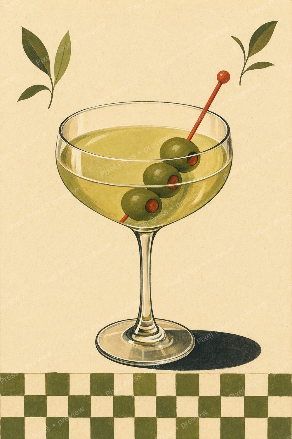 Retro Dirty Martini Wall Art Printable Set, Olive Kitchen Decor — artwork preview (watermarked)