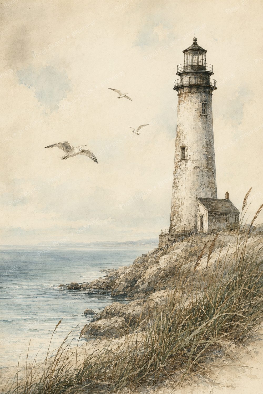 Vintage Coastal Wall Art Set Printable, Lighthouse & Shorebird Gallery Wall Bundle, Antique Nautical Beach House Decor Download — artwork preview (watermarked)