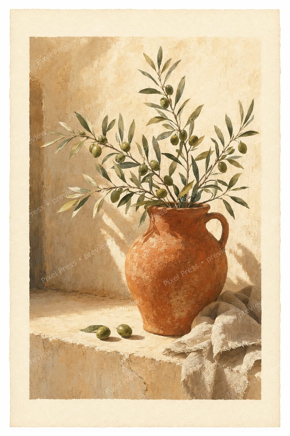 Láminas Decorativas Cocina Botánicas – Set Mediterráneo de Limones, Olivos y Hierbas — artwork preview (watermarked)