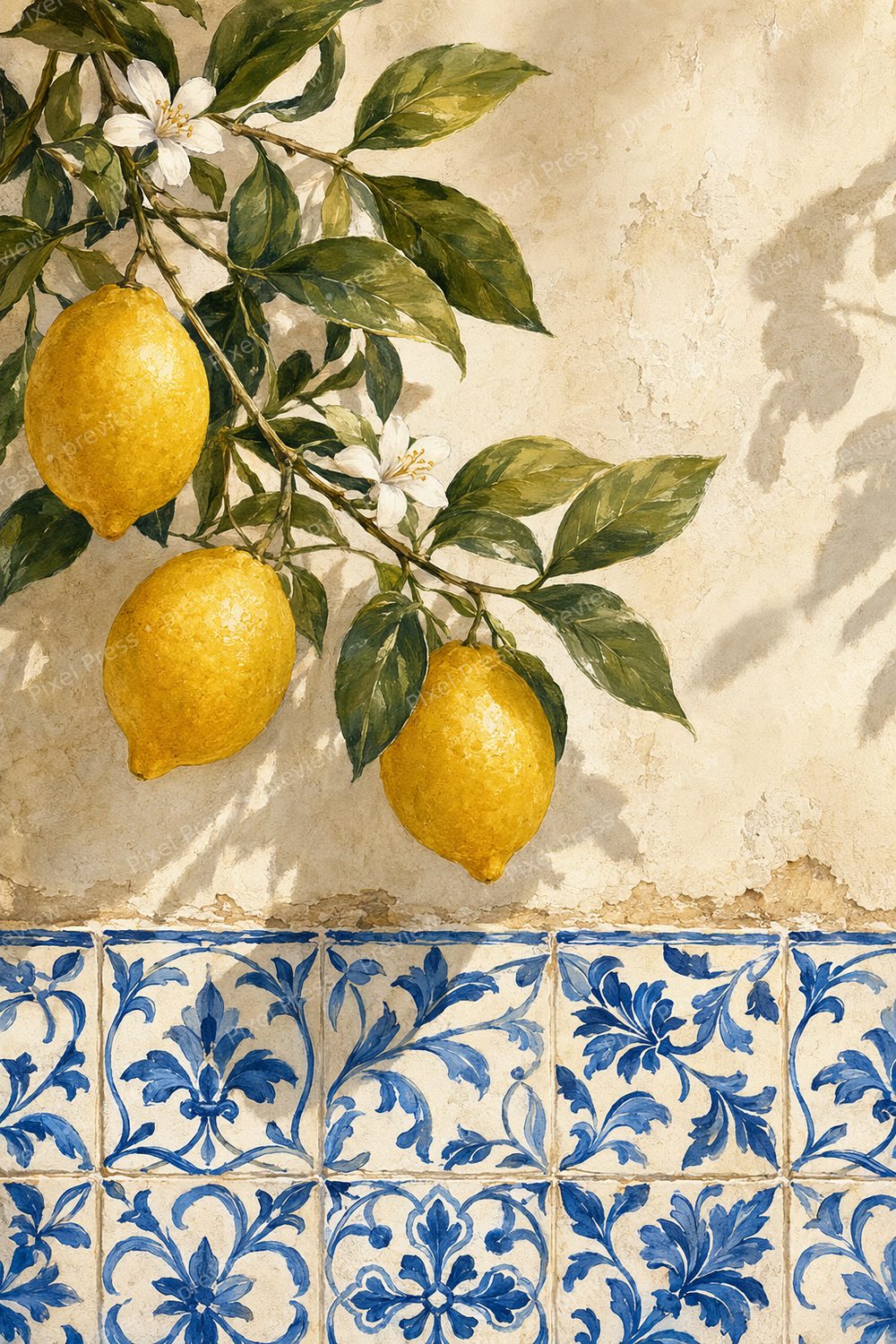 Mediterranean Lemon Kitchen Wall Art Printable Set, Blue White Tile Coastal Prints — artwork preview (watermarked)