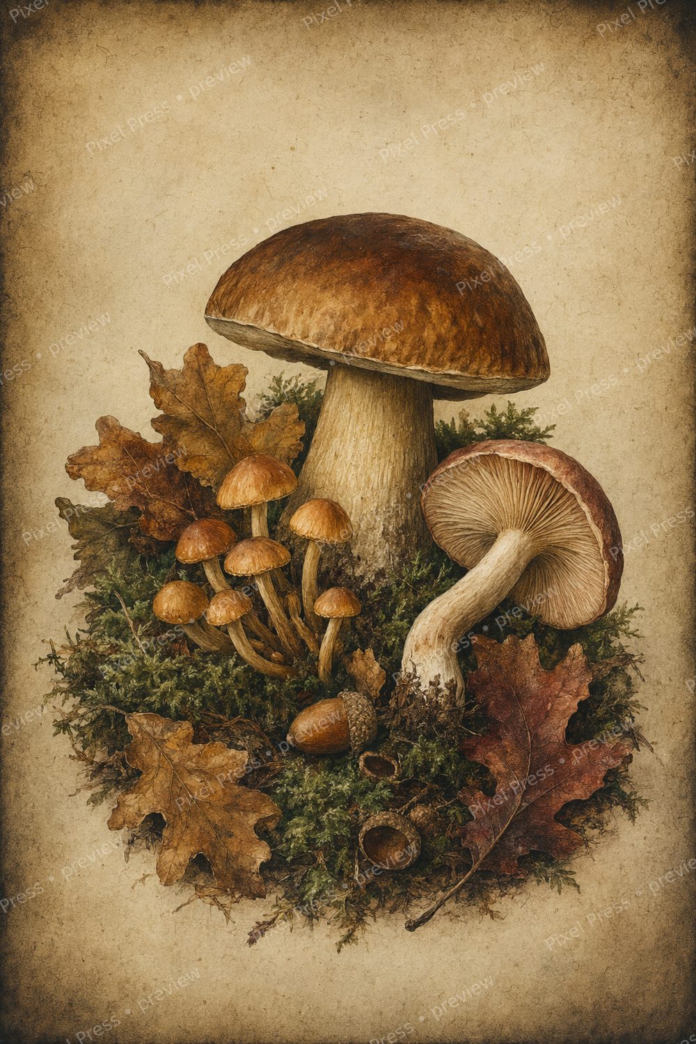 Mushroom Fall Printable Wall Art Set, Vintage Botanical Fern Gallery Prints — artwork preview (watermarked)