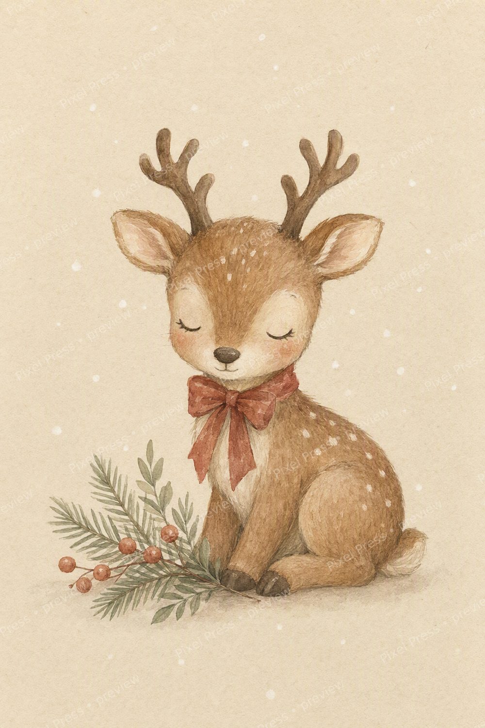 Boho Christmas Nursery Wall Art Printable Set, Neutral Reindeer & Rocking Horse Prints — artwork preview (watermarked)
