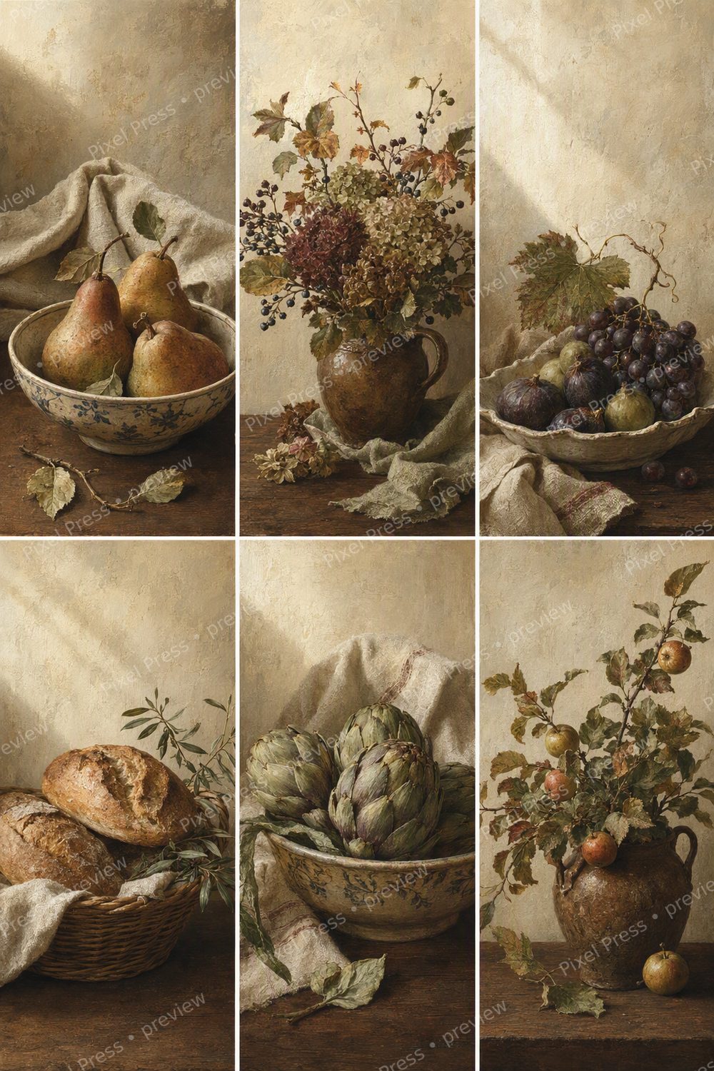 Autumn Harvest Kitchen Wall Art Printable Set, Vintage Pear Fig & Squash Prints — artwork preview (watermarked)