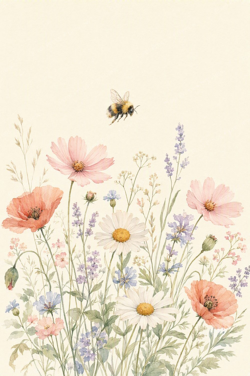 Wildflower Bee Nursery Wall Art Printable Set of 6, Pastel Butterfly Meadow Decor — artwork preview (watermarked)
