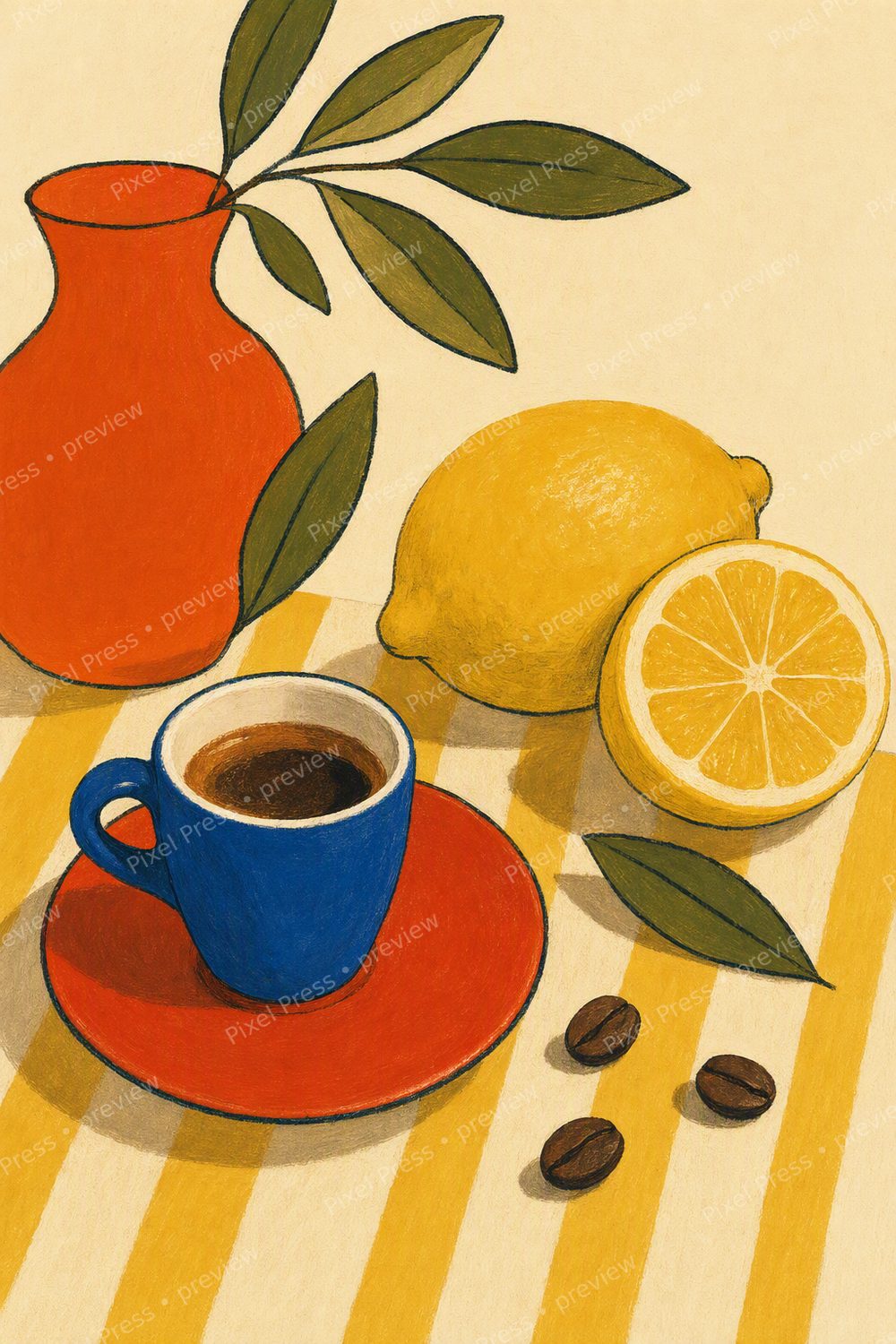 Retro Italian Kitchen Wall Art Printable Set, Aperitivo Espresso Olive Lemon Prints — artwork preview (watermarked)