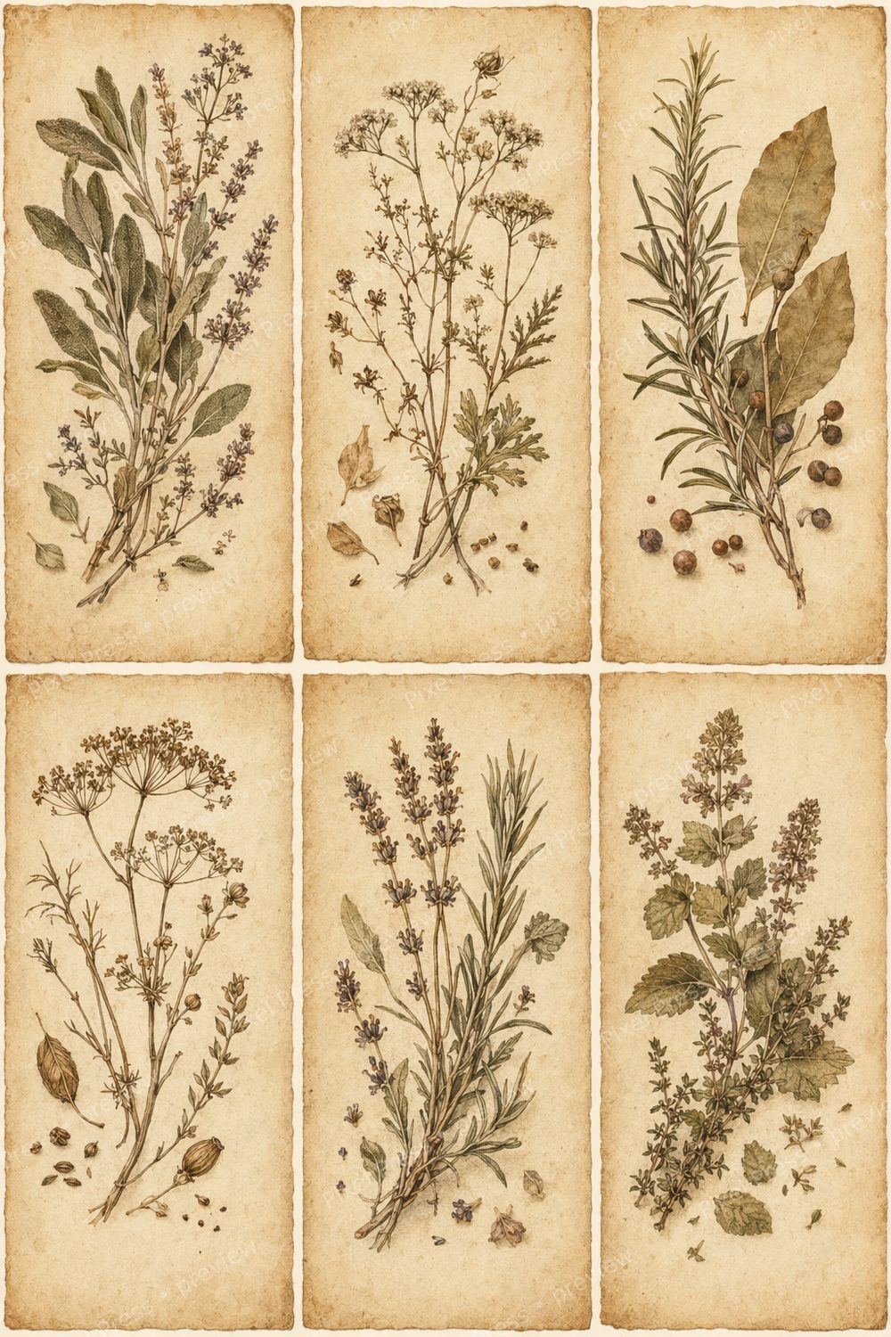 Autumn Botanical Kitchen Wall Art Printable Set, Vintage Herbarium Herb & Pear Prints — artwork preview (watermarked)