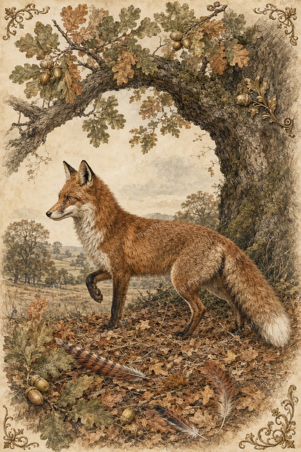 Vintage Fox Wall Art Printable Set, Autumn Woodland Gallery Wall, English Country Decor — artwork preview (watermarked)