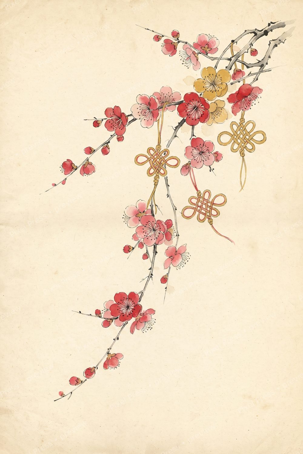 Lunar New Year Wall Art Set, Plum Blossom Art Prints, Chinese New Year Botanical Decor, Red and Gold Vintage Watercolors — artwork preview (watermarked)