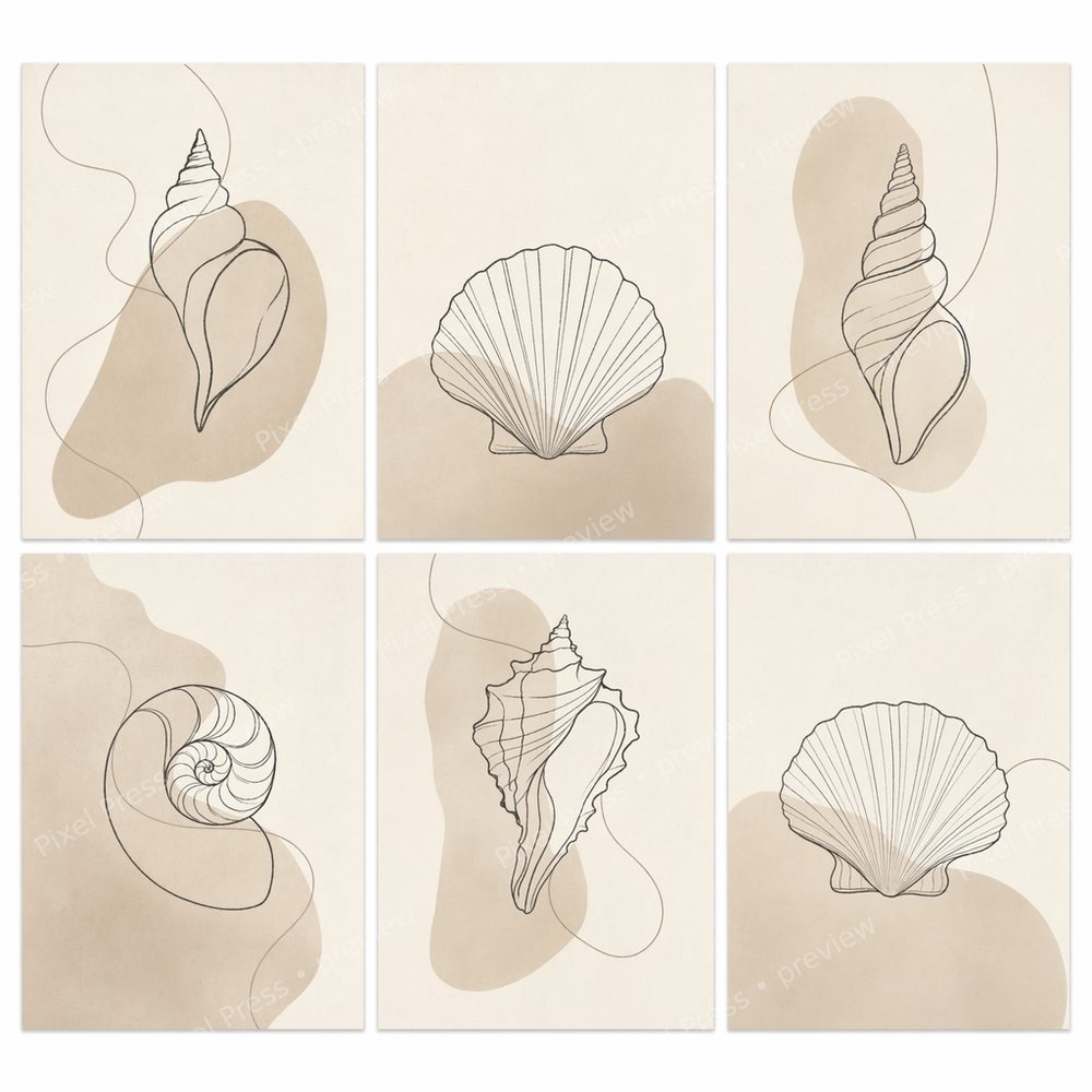 Minimalist Bathroom Wall Art Printable Set, Neutral Bathroom Wall Art Set, Spa Bathroom Shell Line Art Bundle, Beige Black Powder Room Decor — artwork preview (watermarked)