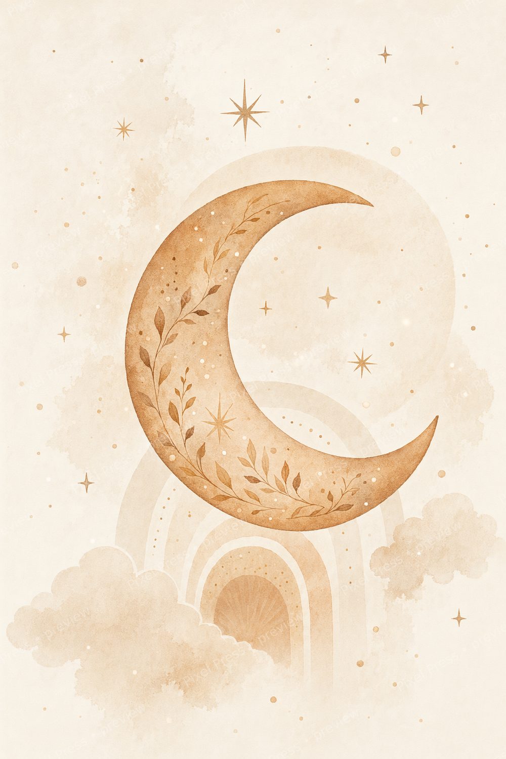 Warm Boho Celestial Nursery Wall Art Set of 6, Neutral Celestial Nursery Prints, Beige Gender Neutral Nursery Wall Art Printable Bundle — artwork preview (watermarked)