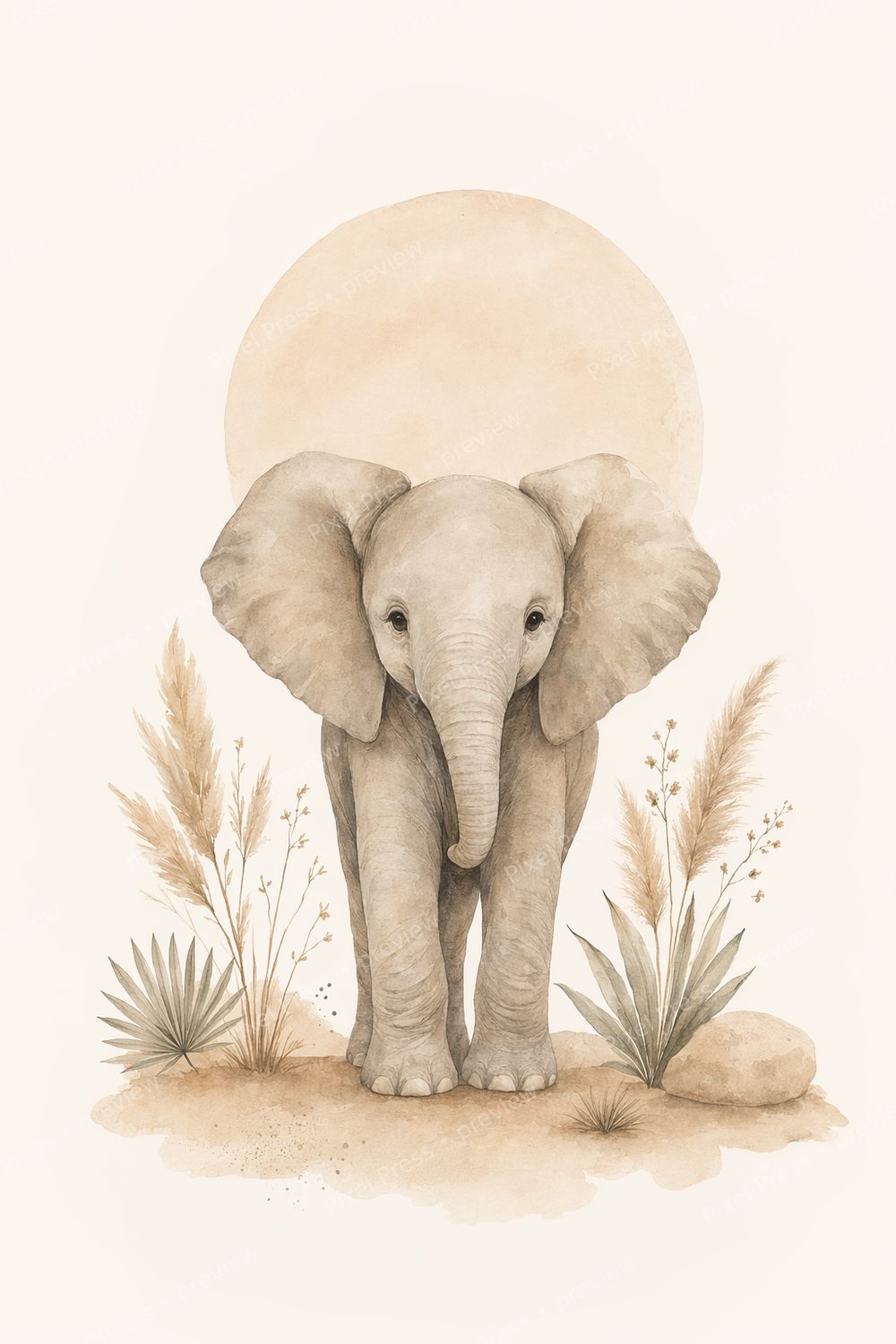 Neutral Boho Safari Nursery Wall Art Set of 6, Beige Safari Nursery Prints, Gender Neutral Baby Animal Printable Decor — artwork preview (watermarked)