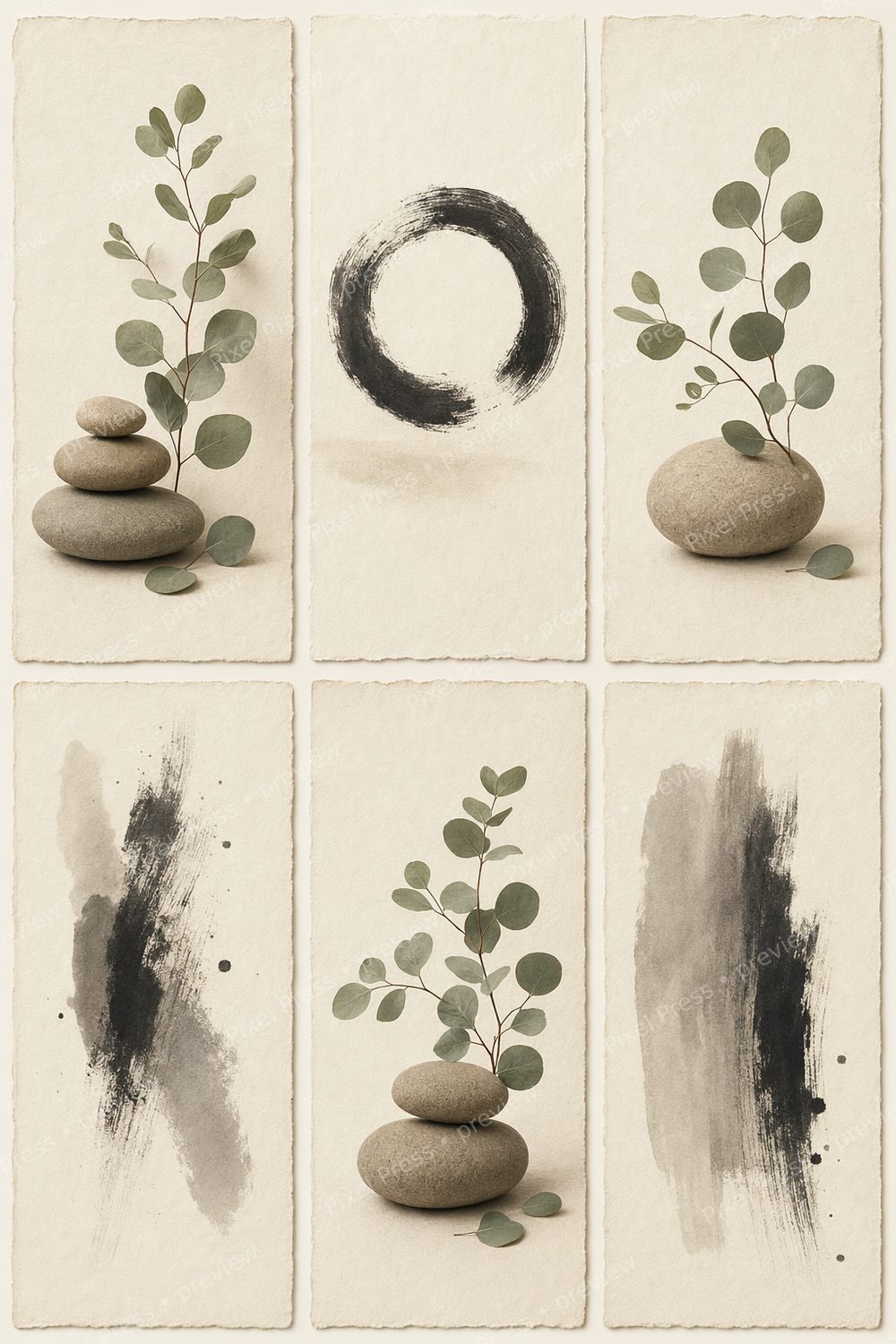 Minimalist Japandi Bathroom Wall Art Set of 6, Neutral Spa Printable Decor — artwork preview (watermarked)