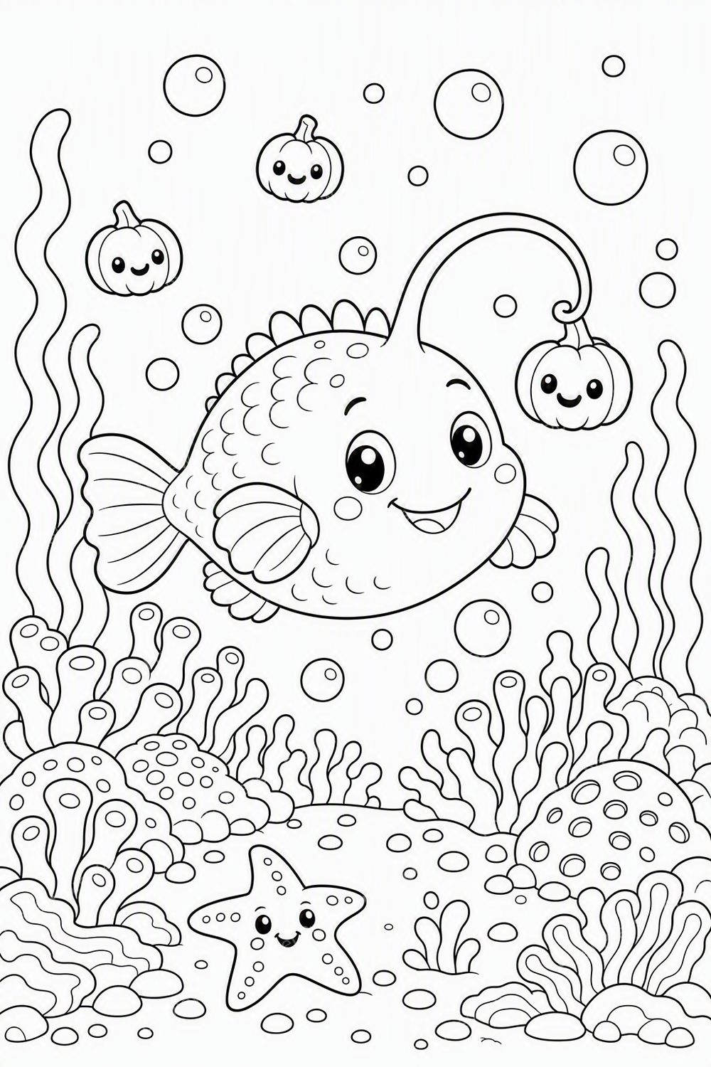 Deep Sea Halloween Coloring Pages Printable | Spooky Cute Ocean Animals PDF Bundle — artwork preview (watermarked)